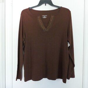 Venezia brown v-neck long sleeve lace inset crystals flocked ribbon size 18/20